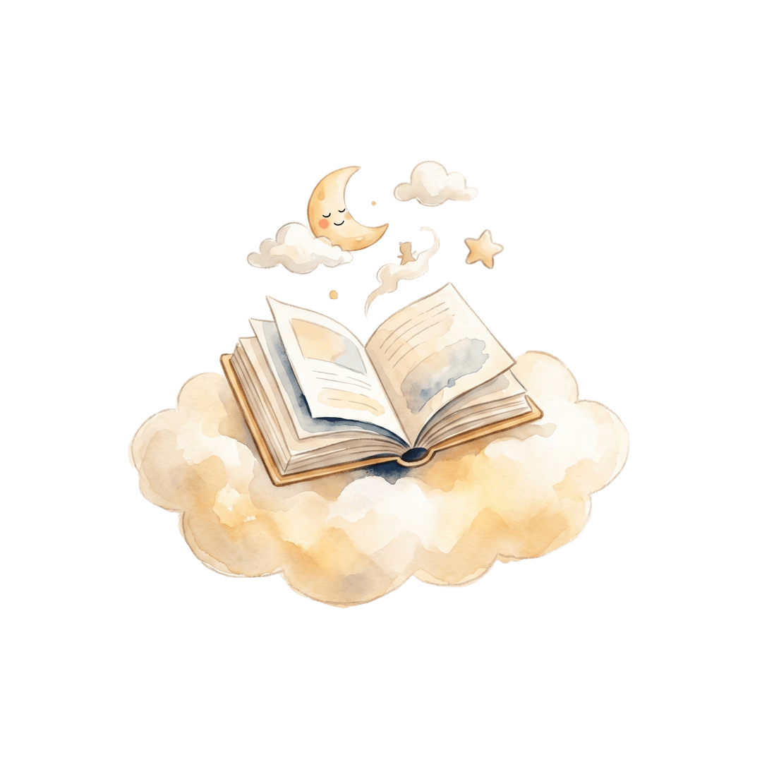 Open watercolor storybook with a friendly crescent moon, cloud, and star drifting up from its pages