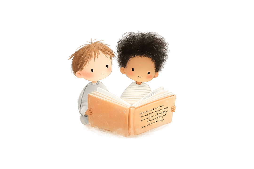 Two children reading a hardcover storybook together, painted in soft watercolor