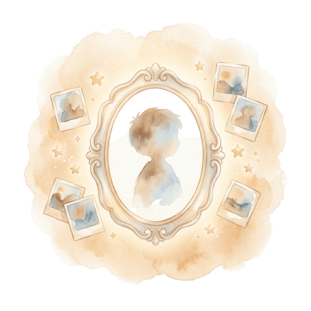 Watercolor portrait frame surrounded by Polaroid-style reference photos and small gold sparkles